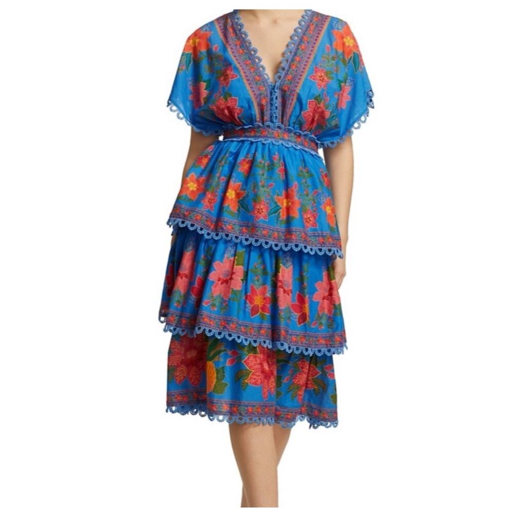 Farm Rio Tropical Tapestry Layered Midi Dress Womens Small Blue Floral Crochet